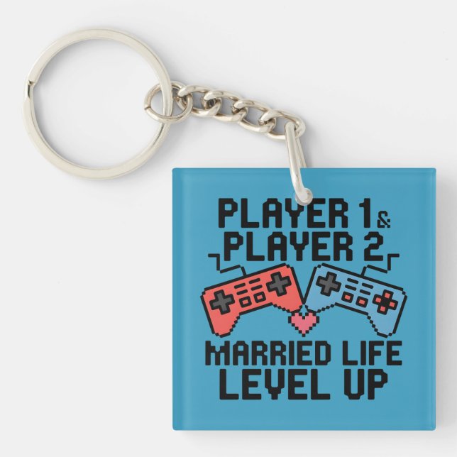 Pixel Gaming Couple Level Up Design Keychain (Front)
