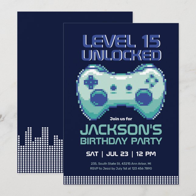 Pixel Gaming Gamer Boy Video Games Player Birthday Invitation (Front/Back)