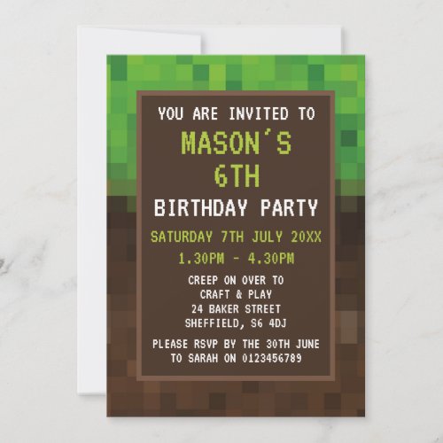 Pixel Gaming themed birthday party invitation