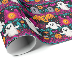 Pixel Ghosts Halloween Sweater Pattern Wrapping Paper