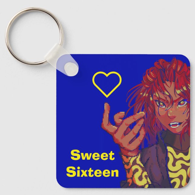 Pixel girl, sweet sixteen, happy Birthday! Keychain (Front)