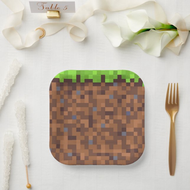 Pixel grass gamer birthday  paper plates (Wedding)