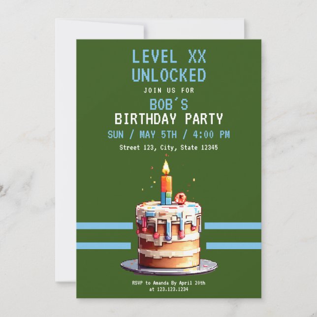 Pixel Green & Blue Cake Gaming Birthday Invitation (Front)