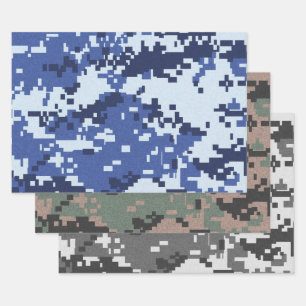 Pixel Green Grey Blue Camouflage Wrapping Paper Sheets