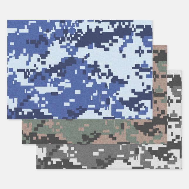 Pixel Green Grey Blue Camouflage Wrapping Paper Sheets (Set)