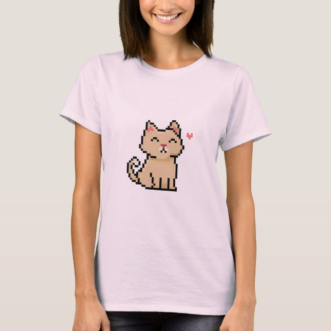 pixel-grey-cat-sitting-animal-pet-with-heart T-Shirt (Front)