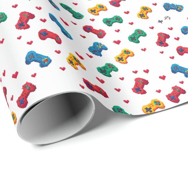 Pixel Hearts & Controllers Wrapping Paper - Gamer  (Roll Corner)