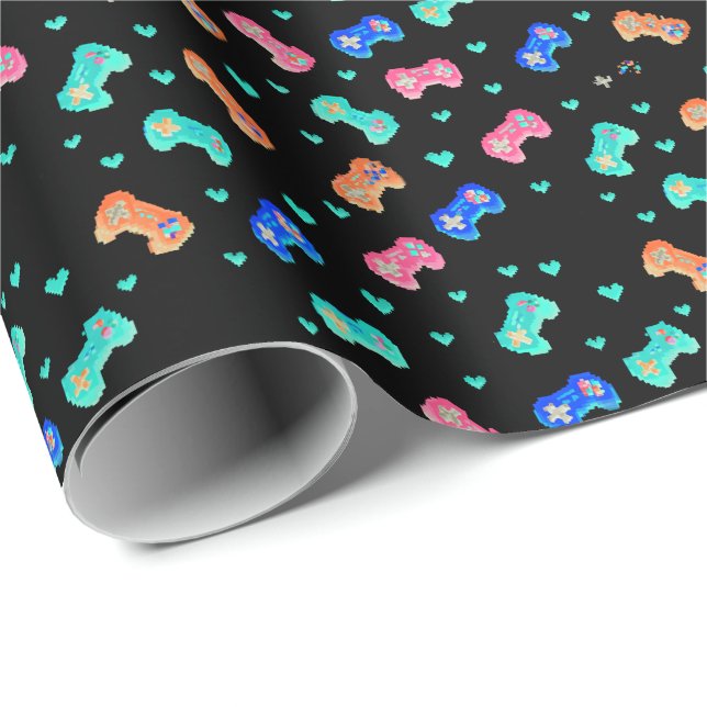 Pixel Hearts & Controllers Wrapping Paper - Invert (Roll Corner)
