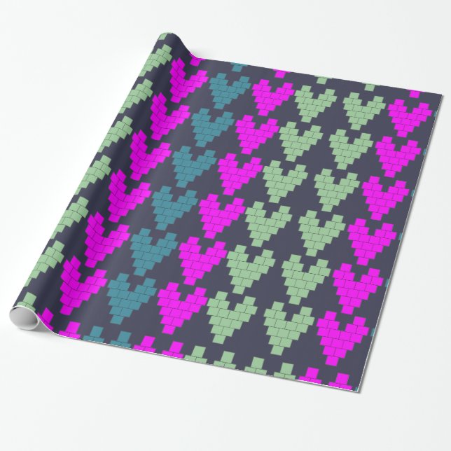 Pixel Hearts Wrapping Paper (Unrolled)