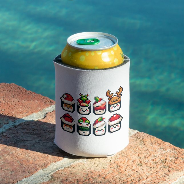 Pixel Holiday Sushi - Festive 8-Bit Art Can Cooler (In Situ Pool)