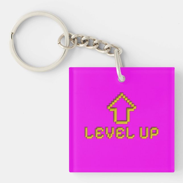 Pixel Level Up Gamer Keychain Electric Pink (Front)