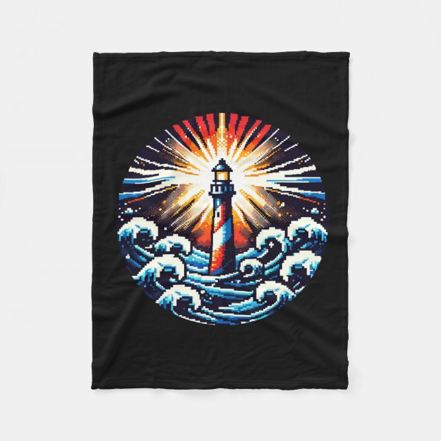 Pixel Lighthouse in Stormy Seas Fleece Blanket (Front)