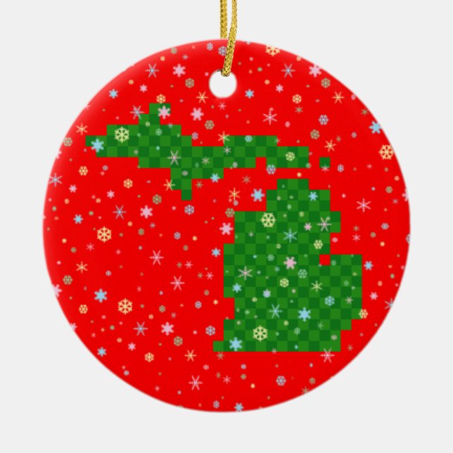 Pixel Michigan and Pastel Snowflakes Ceramic Ornament (Front)