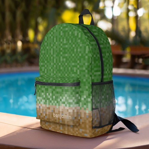 Pixel Miner Custom Name _ Green Brown Kids Printed Backpack