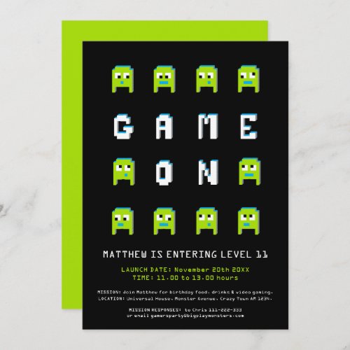 Pixel monster alien 11th gaming birthday party invitation