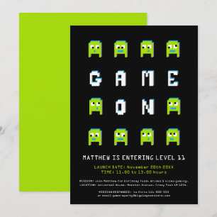 Pixel monster alien 11th gaming birthday party invitation