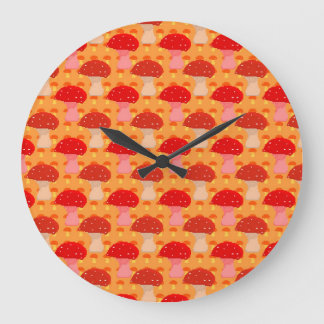 Pixel Mushroom Pattern - Orange Background Large Clock