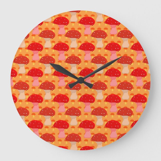 Pixel Mushroom Pattern - Orange Background Large Clock (Front)
