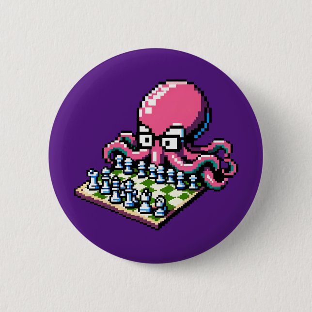 Pixel Octopus Chess Retro Strategy Board Game Art Button (Front)