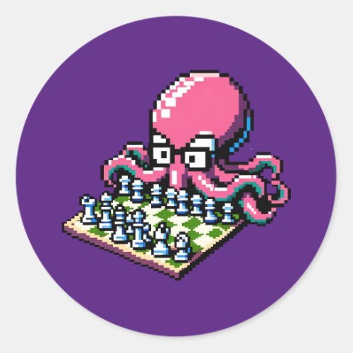 Pixel Octopus Chess Retro Strategy Board Game Art Classic Round Sticker
