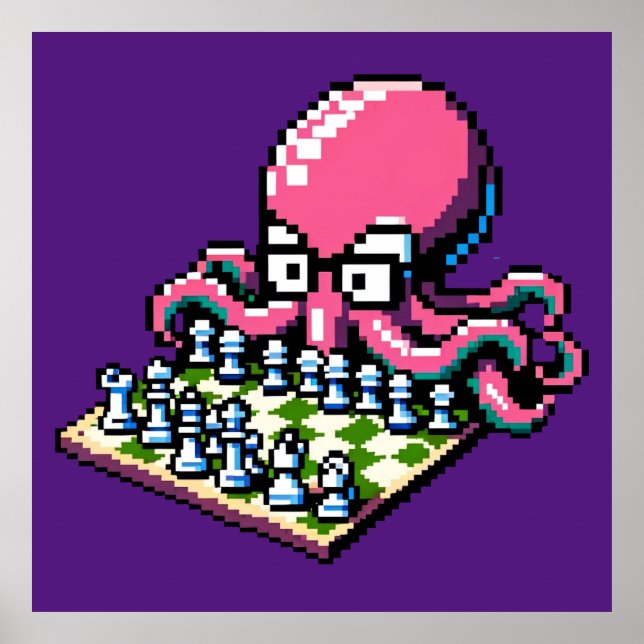 Pixel Octopus Chess Retro Strategy Board Game Art Poster (Front)