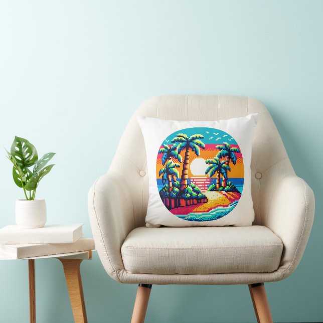 Pixel Palms: Tropical Serenity Throw Pillow (Chair)