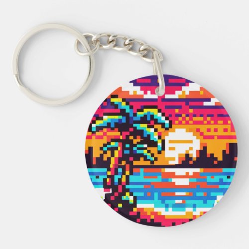 Pixel Paradise 8_Bit Tropical Sunset Retro Nature Keychain