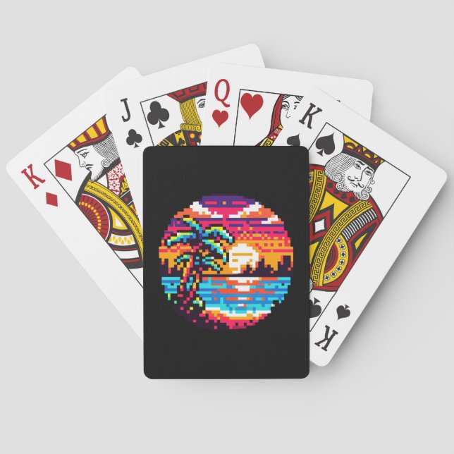 Pixel Paradise: 8-Bit Tropical Sunset Retro Nature Poker Cards (Back)