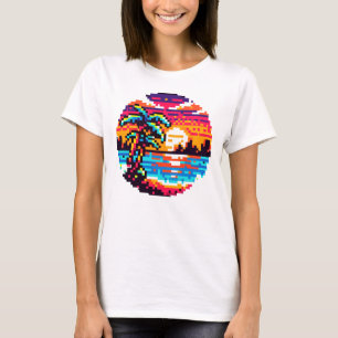 Pixel Paradise: 8-Bit Tropical Sunset Retro Nature T-Shirt