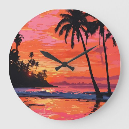 Pixel Paradise Vibrant Pixelated Beach Scene Wal Large Clock