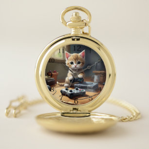 "Pixel Paws: The Gamer Kitten in Action" Pocket Watch