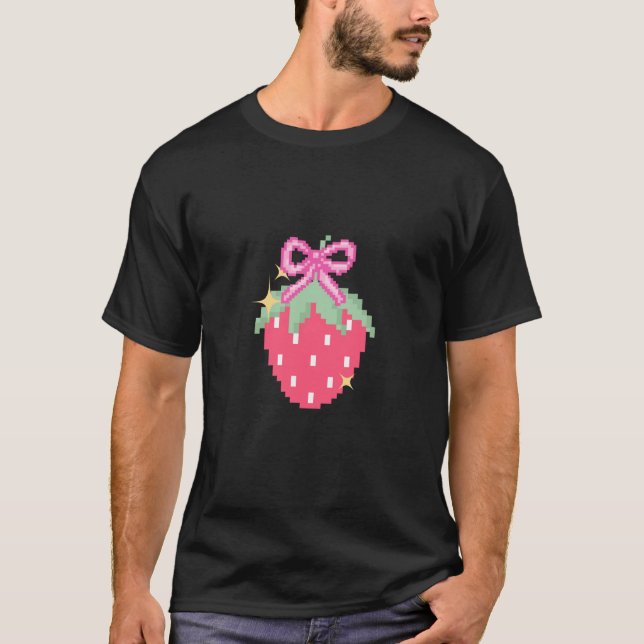 Pixel Pink Bows with Strawberry Video Game bow for T-Shirt (Front)