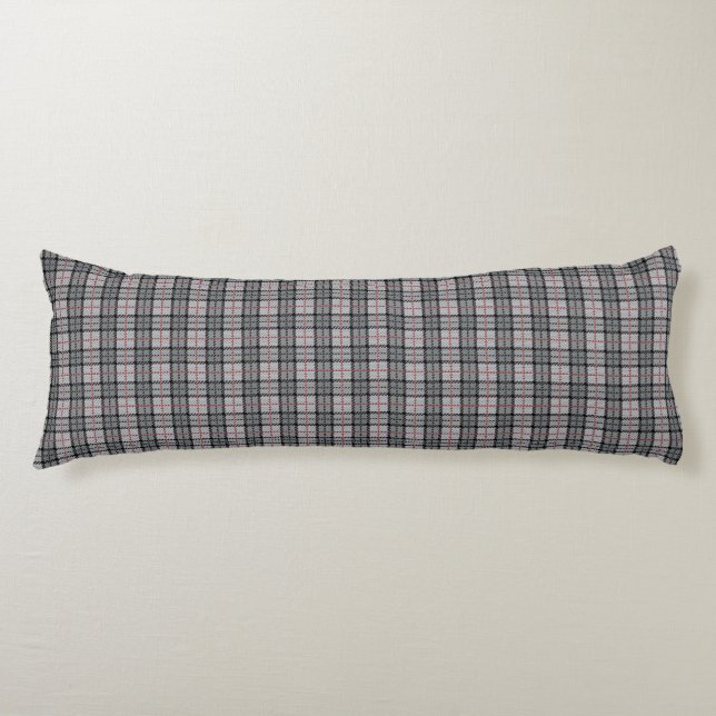 Pixel Plaid in Grey with Red Stripe Body Pillow (Front)