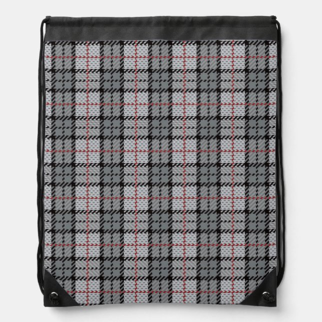 Pixel Plaid in Grey with Red Stripe Drawstring Bag (Front)