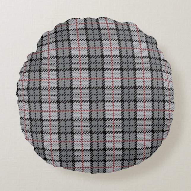 Pixel Plaid in Grey with Red Stripe Round Pillow (Front)