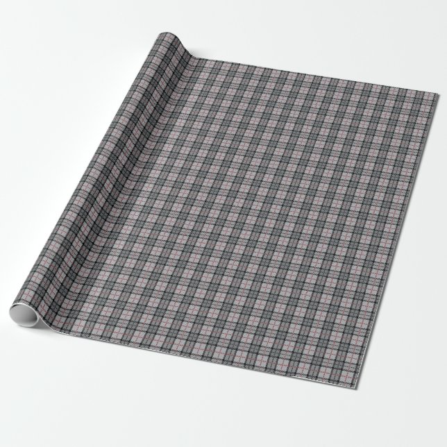 Pixel Plaid in Grey with Red Stripe Wrapping Paper (Unrolled)