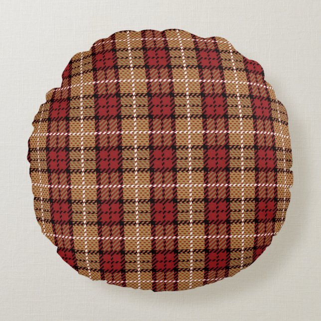 Pixel Plaid in Red and Gold Round Pillow (Front)