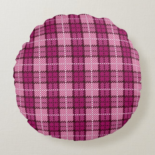 Pixel Plaid_Magenta-Black Round Pillow (Front)
