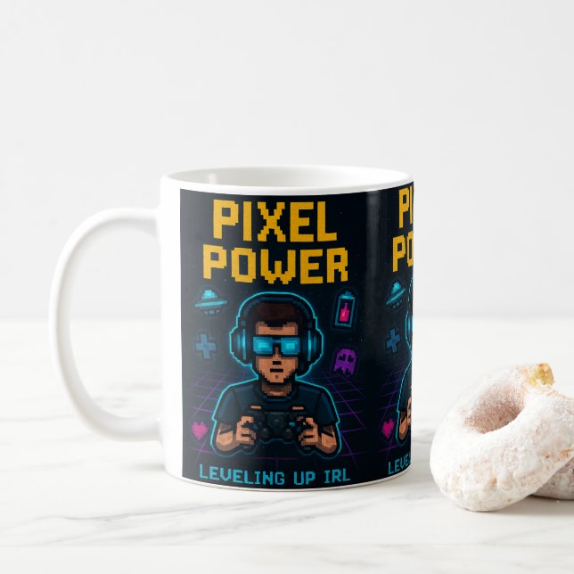 Pixel Power – Leveling Up IRL Poster Coffee Mug (With Donut)