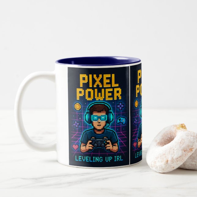 Pixel Power – Leveling Up IRL Poster Two-Tone Coffee Mug (With Donut)