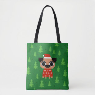 Pixel Pug Cute Christmas Holiday Dog  Tote Bag