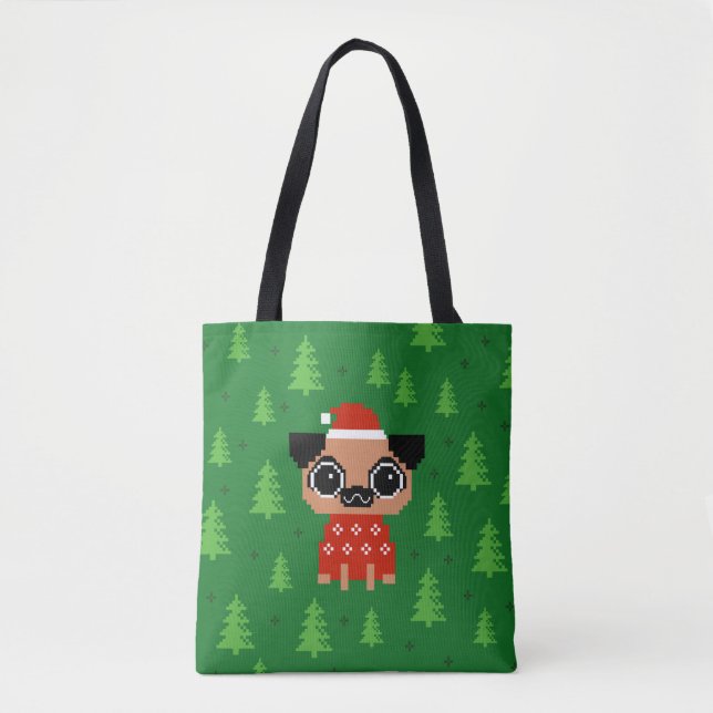 Pixel Pug Cute Christmas Holiday Dog  Tote Bag (Front)