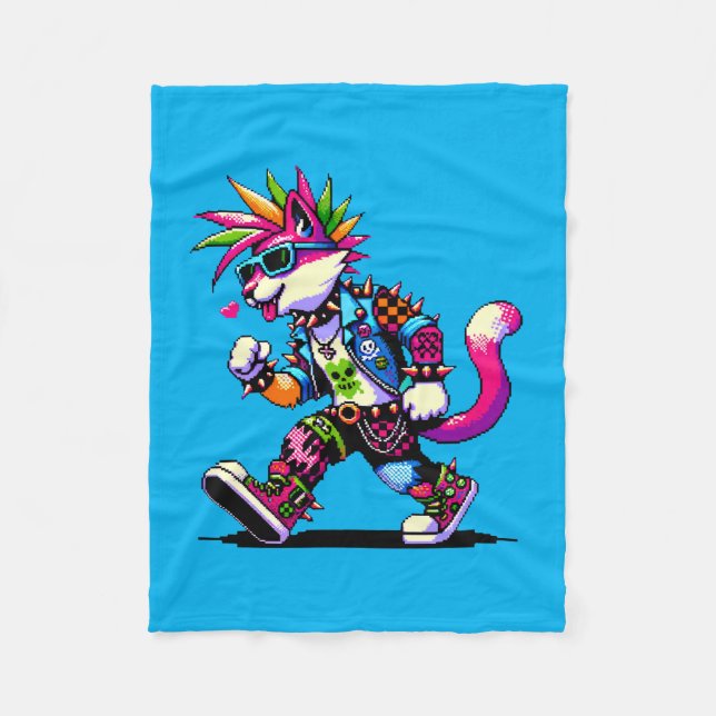 Pixel Punk Cat - 8-Bit Heart & Retro Style Fleece Blanket (Front)