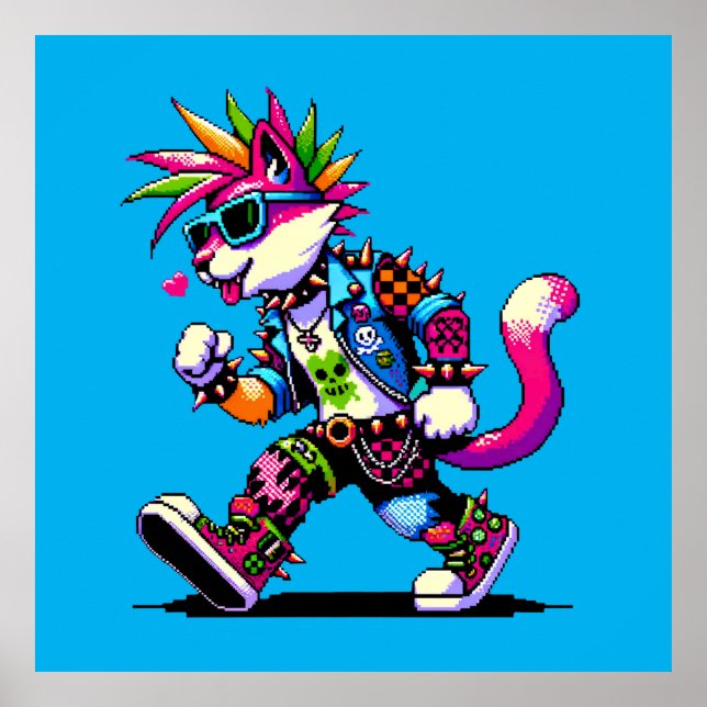Pixel Punk Cat - 8-Bit Heart & Retro Style Poster (Front)
