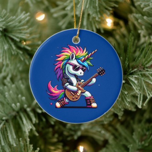 Pixel Punk Rock Unicorn Ceramic Ornament