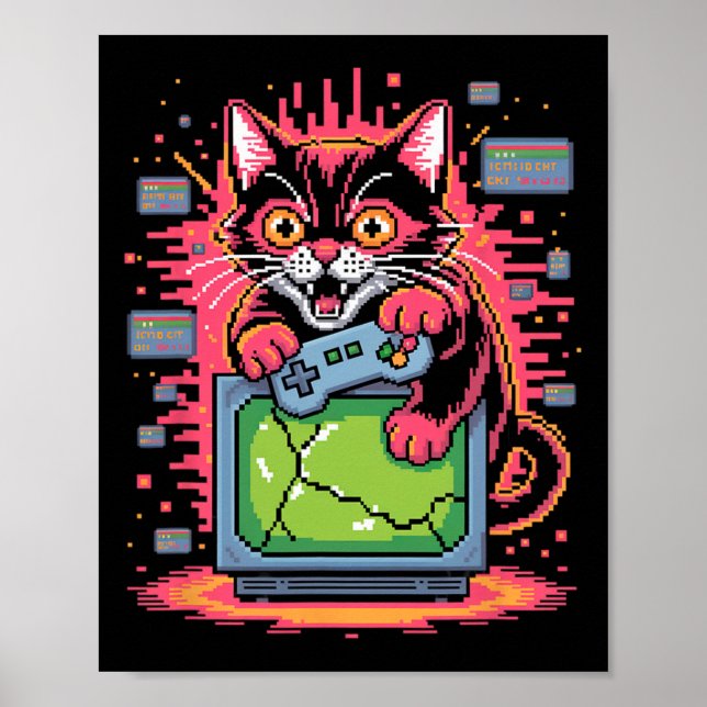 Pixel Rage Cat Retro Gamer Glitch In 8-bit Style 1 Poster (Front)
