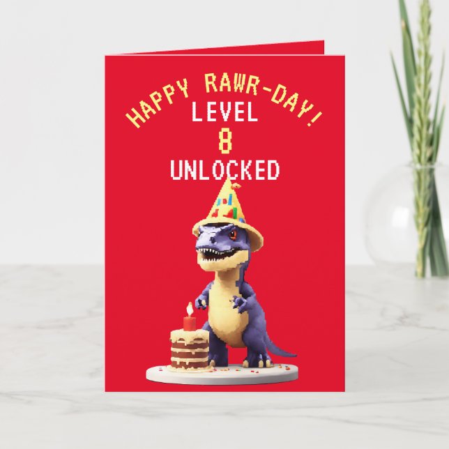 Pixel Red and Yellow Gaming Trex Birthday Card (Front)