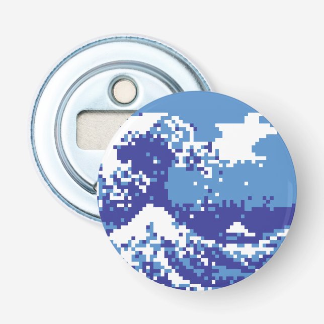 Pixel Tsunami Blue 8 Bit Pixel Art Bottle Opener (Front)