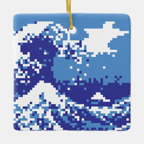 Pixel Tsunami Blue 8 Bit Pixel Art Ceramic Ornament