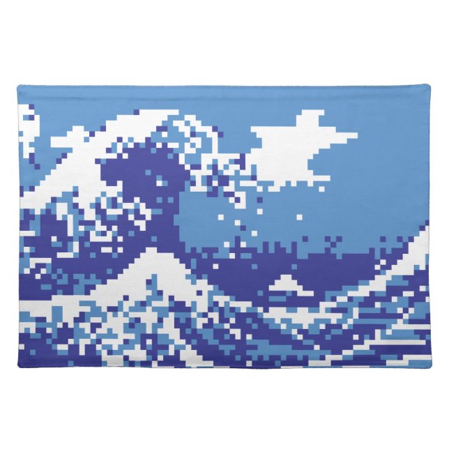 Pixel Tsunami Blue 8 Bit Pixel Art Cloth Placemat (Front)